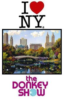A set of three NY pictures, the I Love NY symbol, Central Park, and the Donkey Show logo