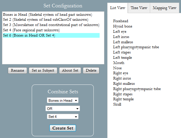 Screenshot of set combinations